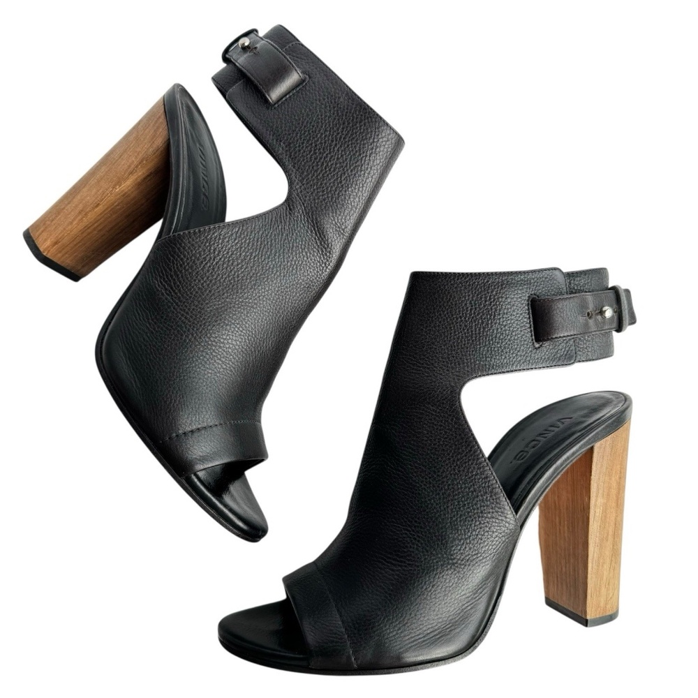 Vince Addie Open Toe High Wood Heels Black Leather Shoes Sandals Women's Size 8